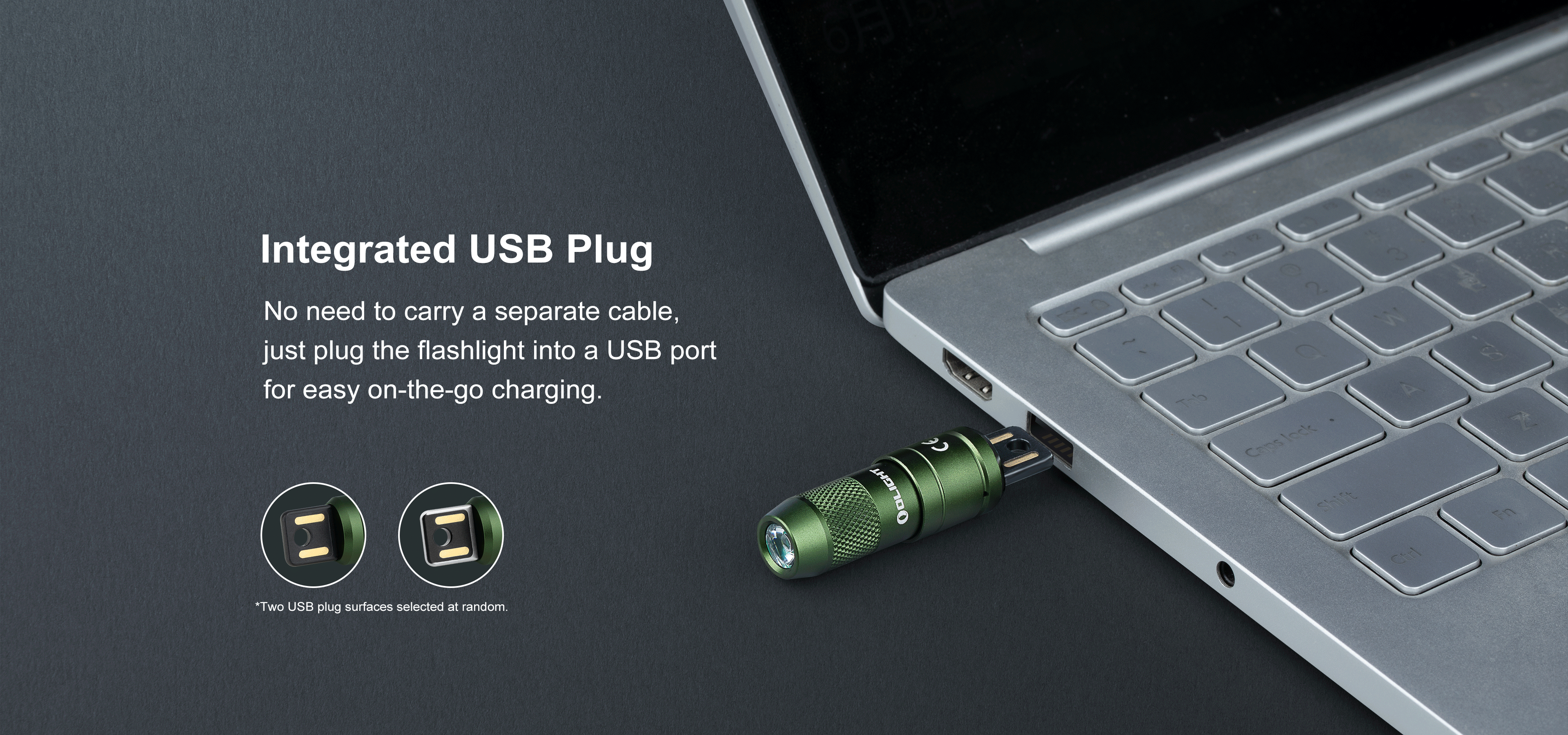 Olight iMini 2's charging cap plugged into a laptop USB port for charging.