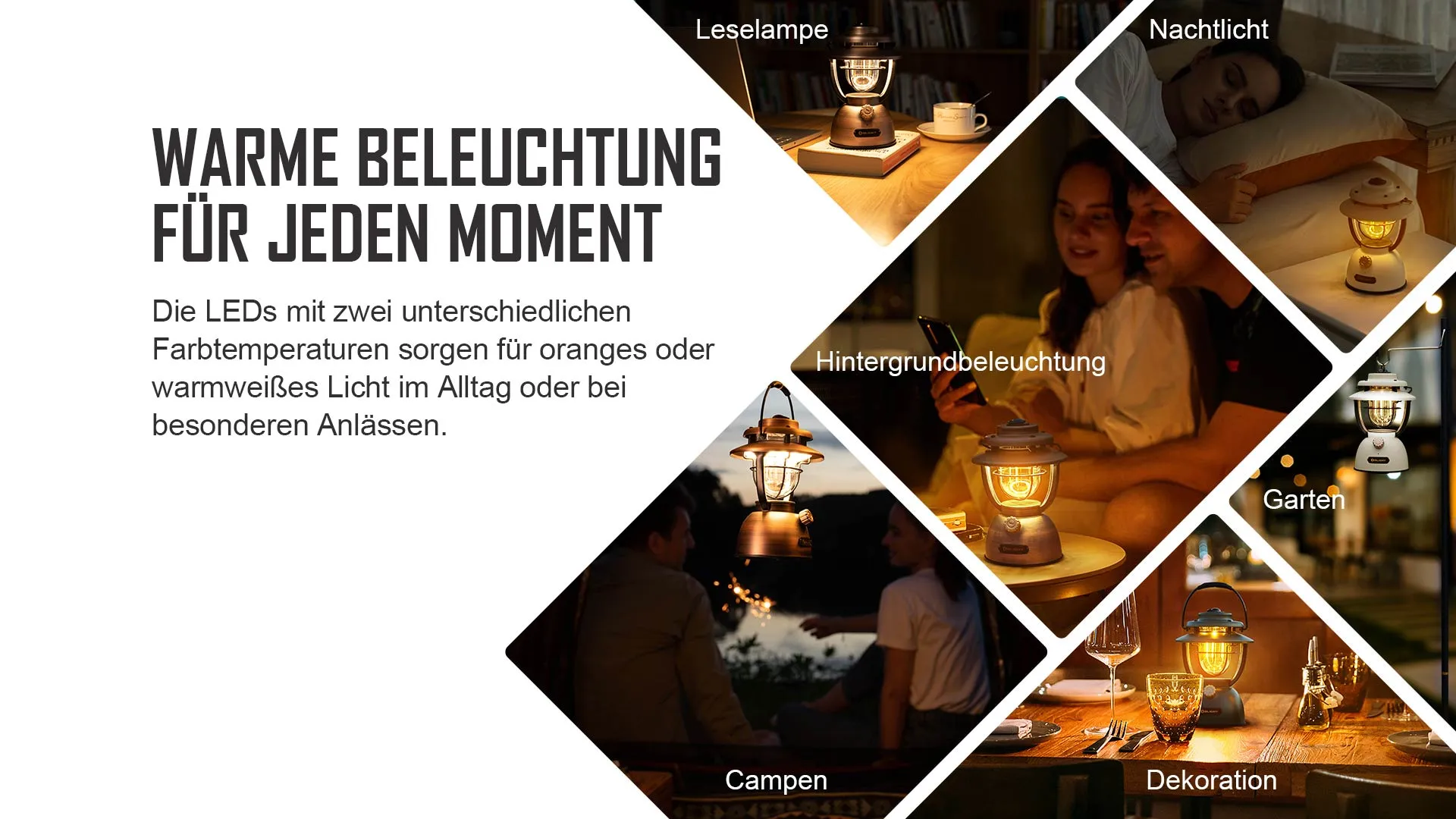 LED-Laterne für warme Beleuchtung in jeder Situation: Leselampe, Nachtlicht, Camping, Garten, Dekoration. Zwei Farbtemperaturen (orange, warmweiß) für vielseitige Nutzung.