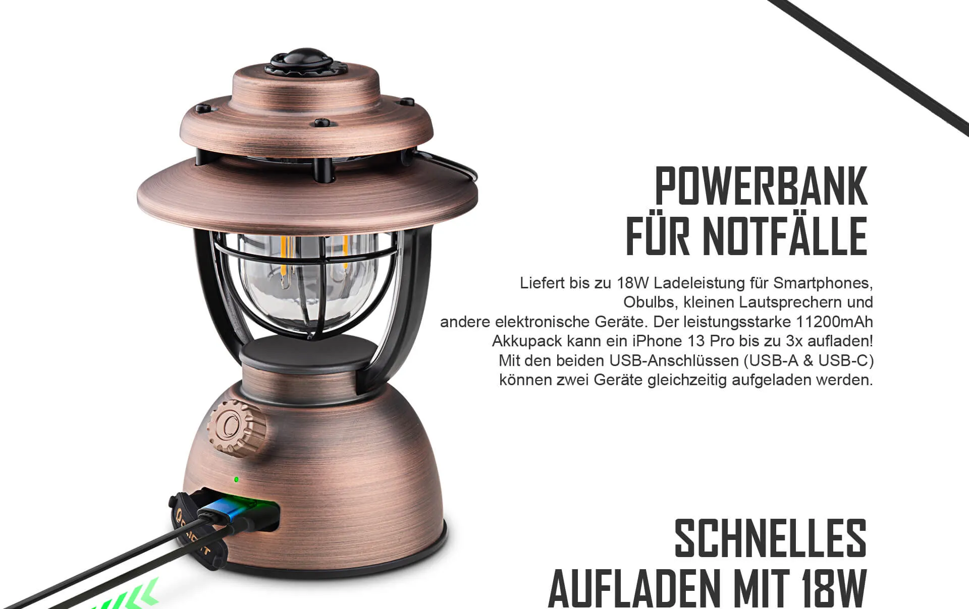 Retro-Laternen Powerbank für Notfälle mit 11200mAh Akku. 18W Schnellladung für Smartphones über USB-A und USB-C. Lädt zwei Geräte gleichzeitig, ideal für Camping.