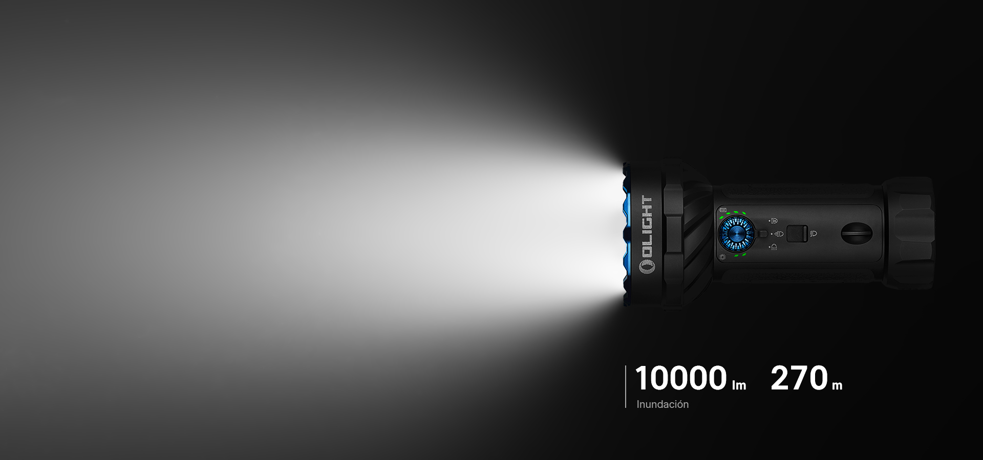 Linterna Olight de 10000 lúmenes con haz de inundación y alcance de 270 metros.