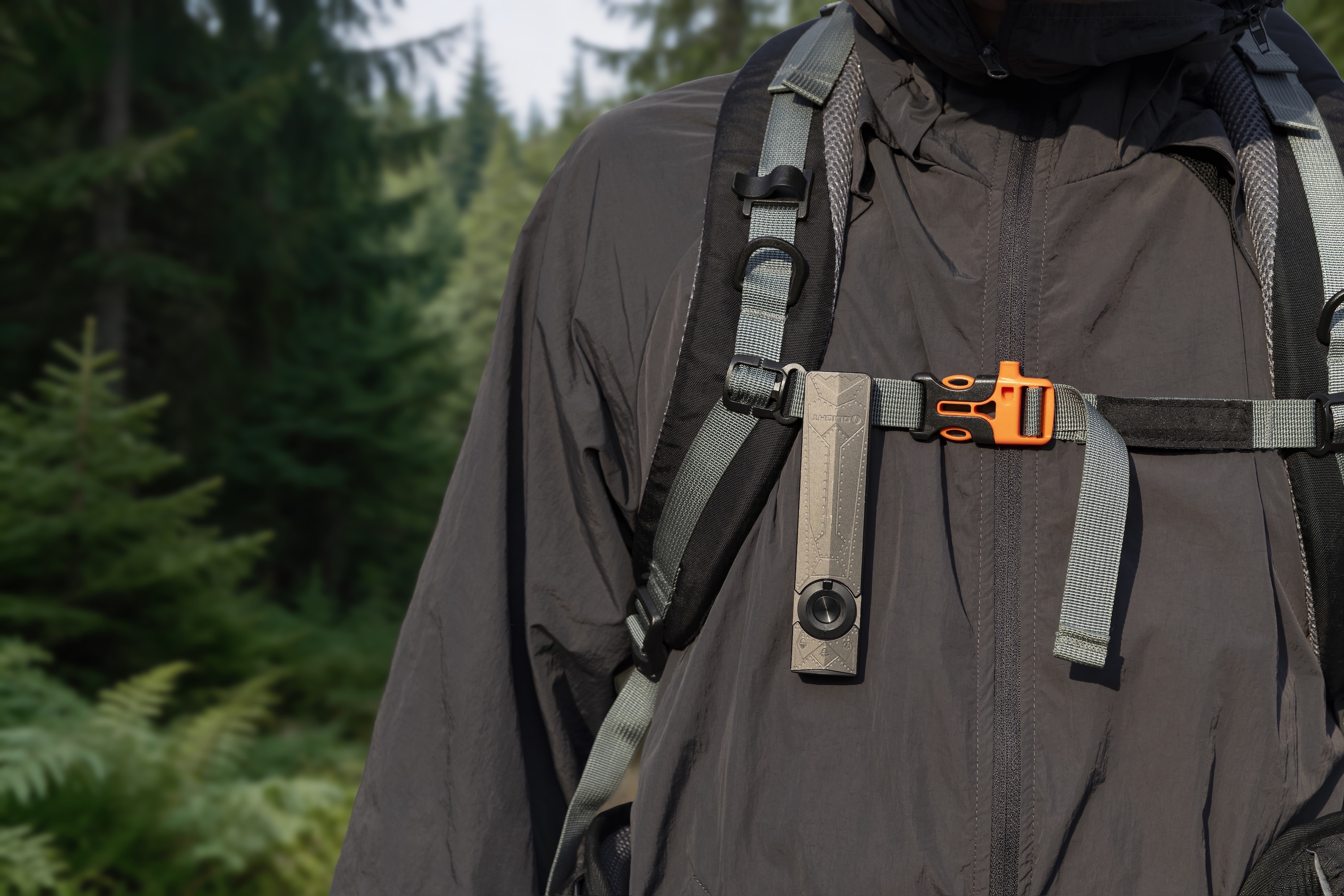 Lampe de poche plate ArkPro Series fixée sur un sac de randonnée pour le camping en France.