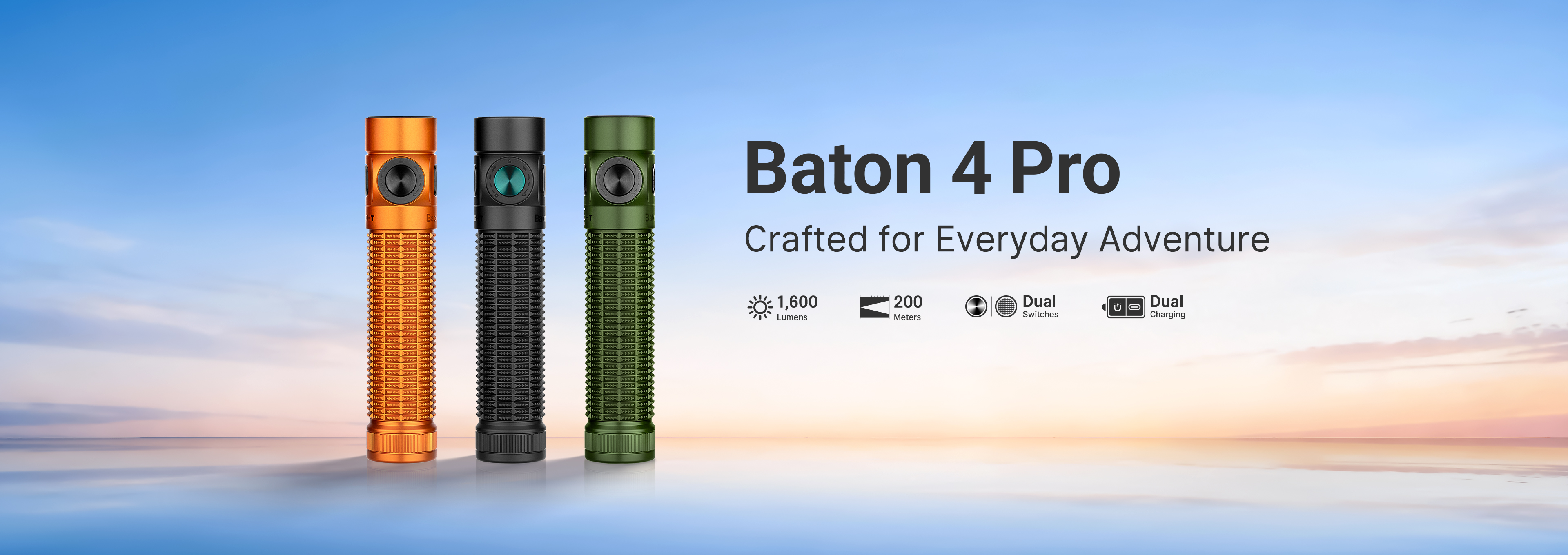 Baton 4 Pro powerful everyday adventure flashlight in orange, black, and green. Features 1,600 lumens, 200m throw, dual switches, and dual charging for reliable outdoor and EDC use.