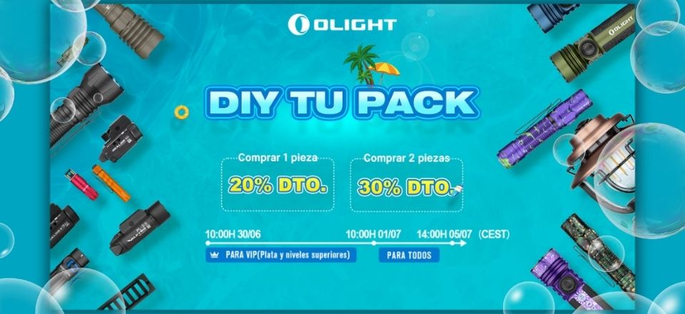 Olight DIY Tu Pack: Linternas y accesorios con hasta 30% de descuento. Crea tu pack personalizado. Promoción de verano limitada.