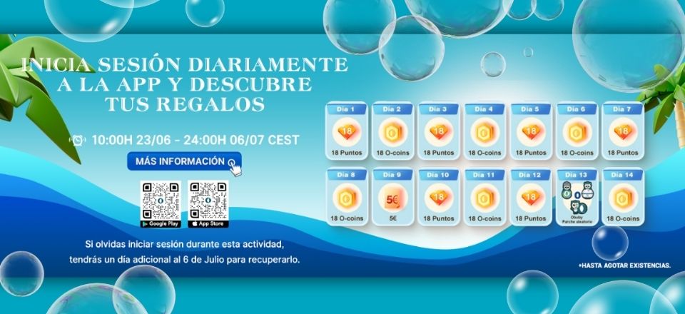 Banner de promoción de app: Inicia sesión diariamente para descubrir regalos como puntos, O-coins, dinero y más. Campaña de recompensas por 14 días. Descarga en Google Play y App Store.
