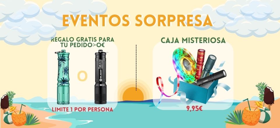 Eventos sorpresa Olight de verano: Linterna gratis con tu pedido (>0€) y caja misteriosa Olight por 9,95€. Promociones especiales con temática de playa y palmeras.