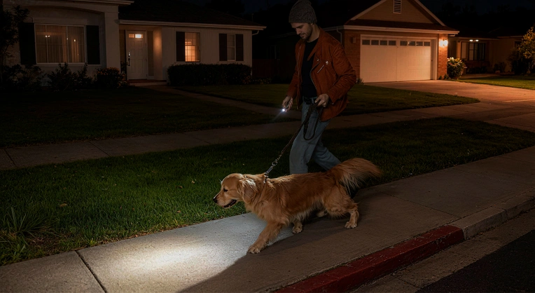 Hombre paseando a su perro de noche con una linterna táctica para mejorar la seguridad vial