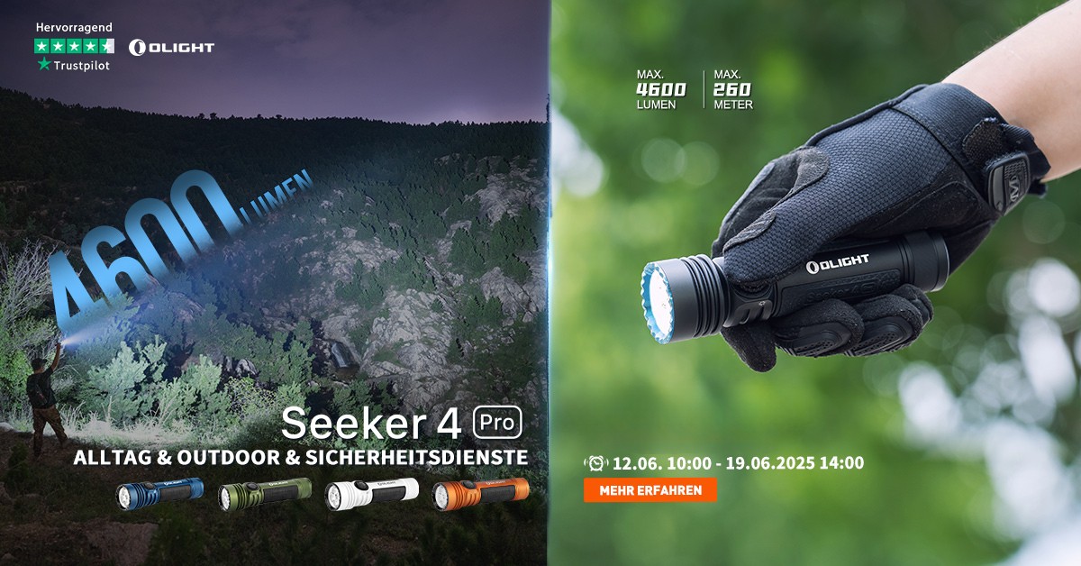Olight Seeker 4 Pro Taschenlampe mit 4600 Lumen und 260m Reichweite. Leistungsstarkes Licht für Outdoor, Sicherheit und Alltagseinsatz. Eine Hand hält die Lampe, beleuchtet dunkle Natur.