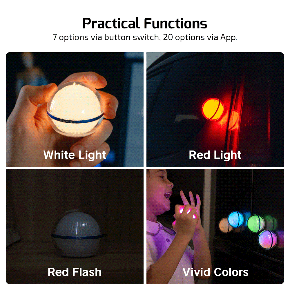 Olight Sphere C smart ambient light showing multiple color modes: warm white light, red light, red flashing, and vivid colors with 7 manual button options and 20 app control settings.