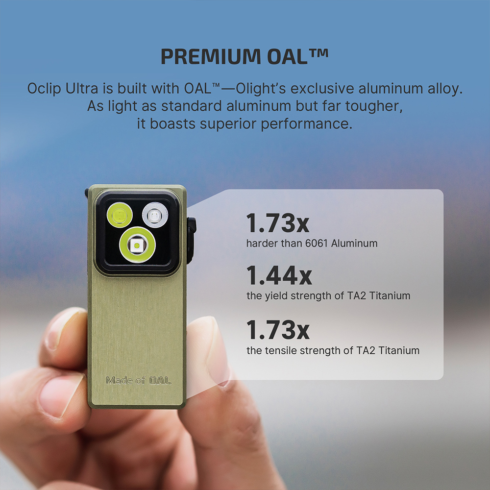 Olight Oclip Ultra compact EDC light made of premium OAL aluminum alloy, 1.73x harder than 6061 aluminum with superior tensile strength compared to TA2 titanium. Durable and lightweight pocket clip light for everyday carry.