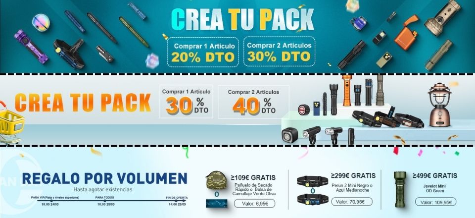 Ofertas "Crea tu Pack" con descuentos y regalos por volumen de compra en productos Olight