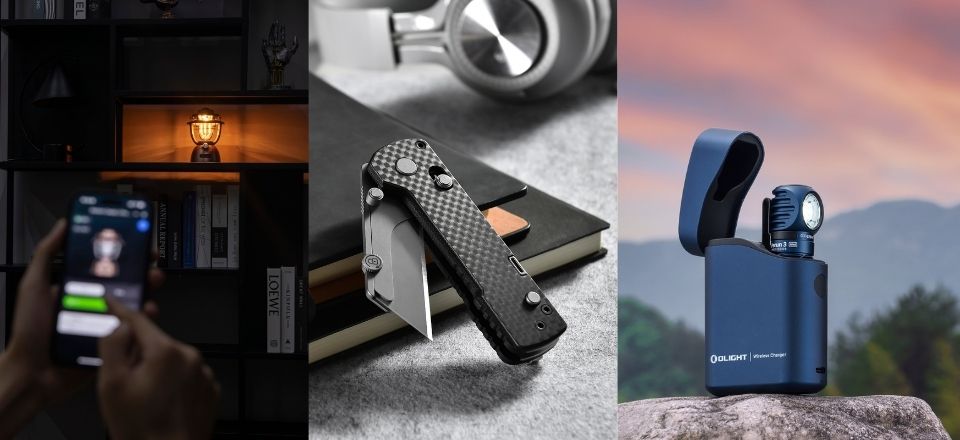 Colección de productos Olight para EDC y aventura, incluyendo linternas y navajas