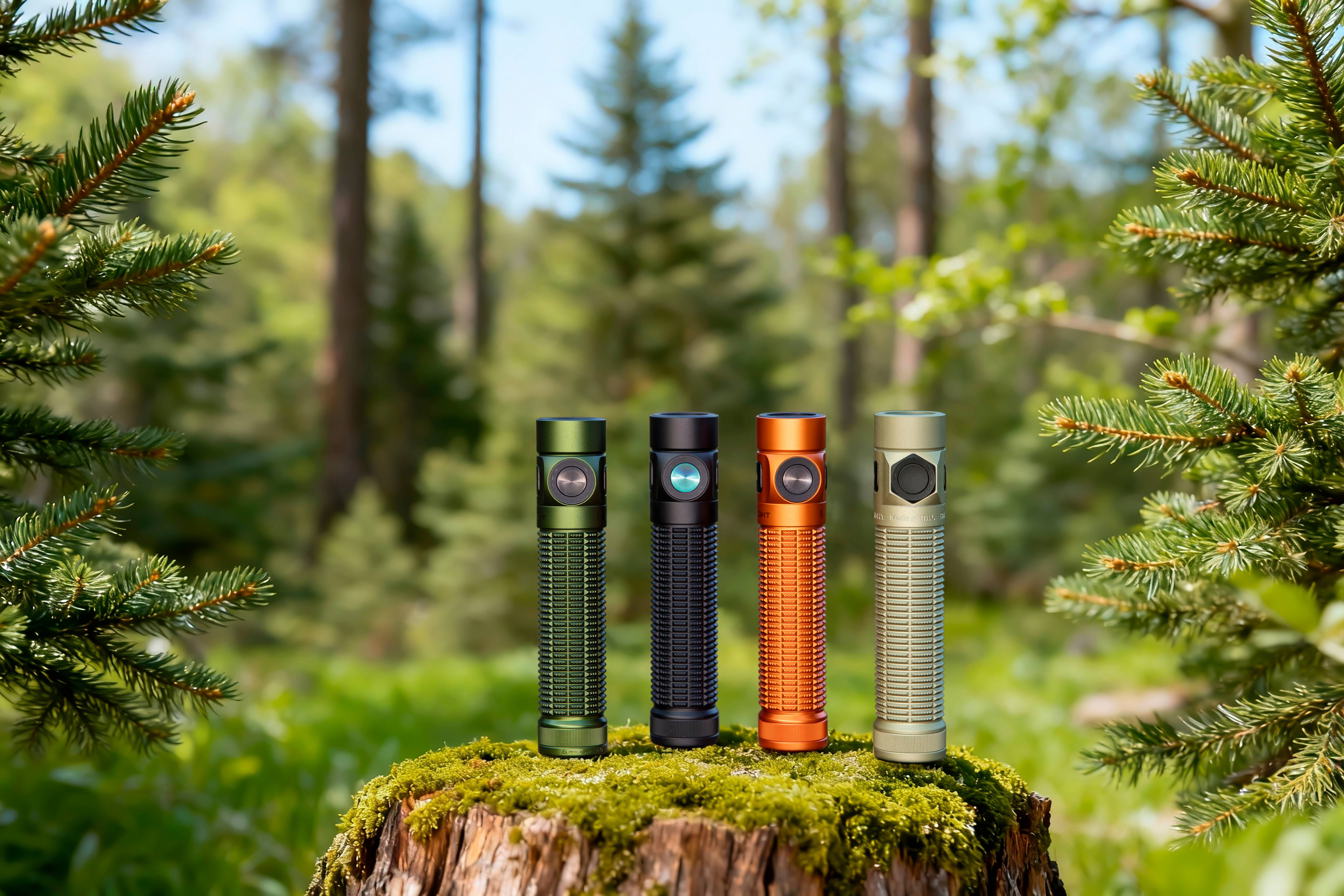 EDC flashlights on a mossy tree stump