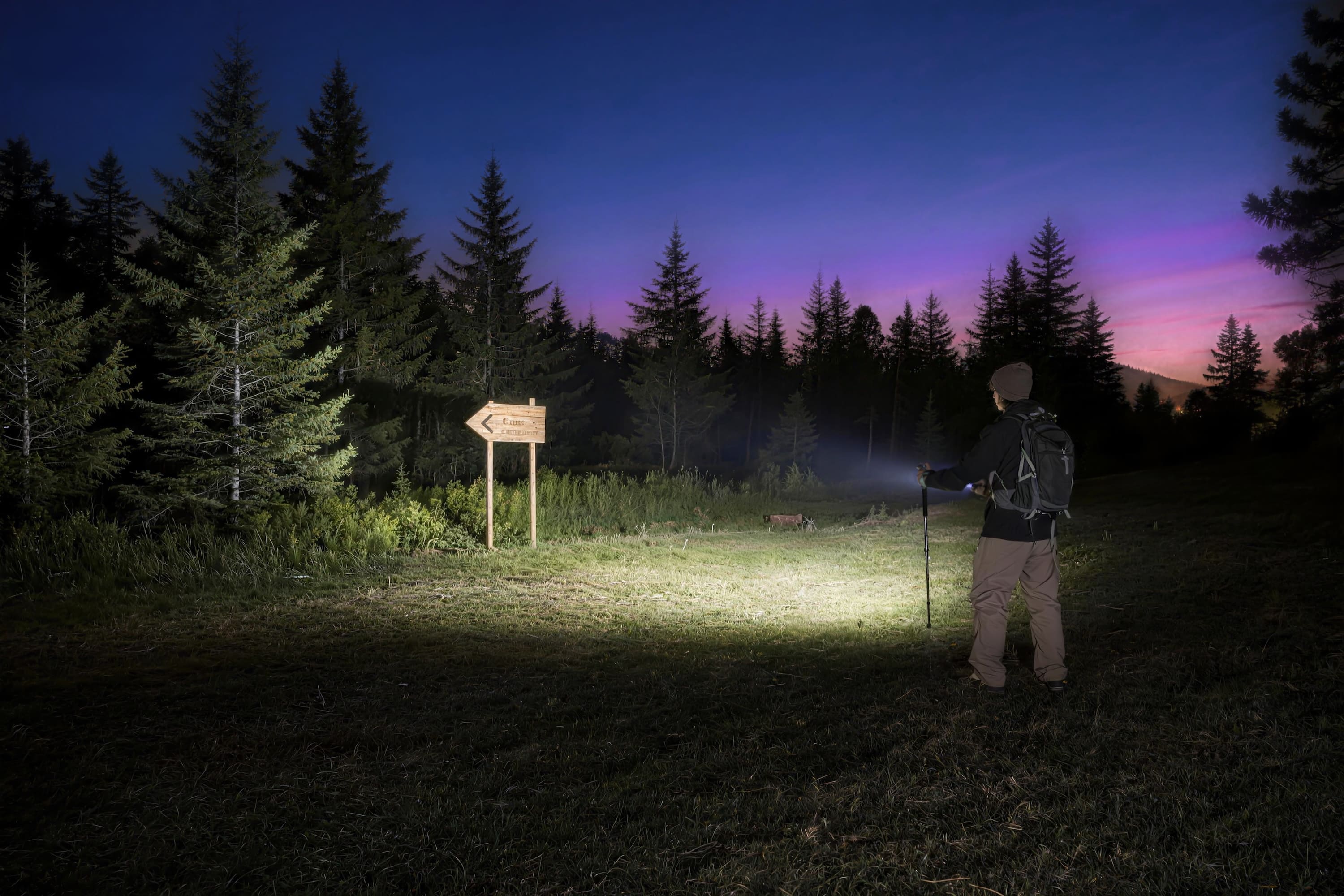 Senderista con mochila iluminando una se&ntilde;al de madera con una linterna potente en el bosque durante el anochecer bajo un cielo p&uacute;rpura.