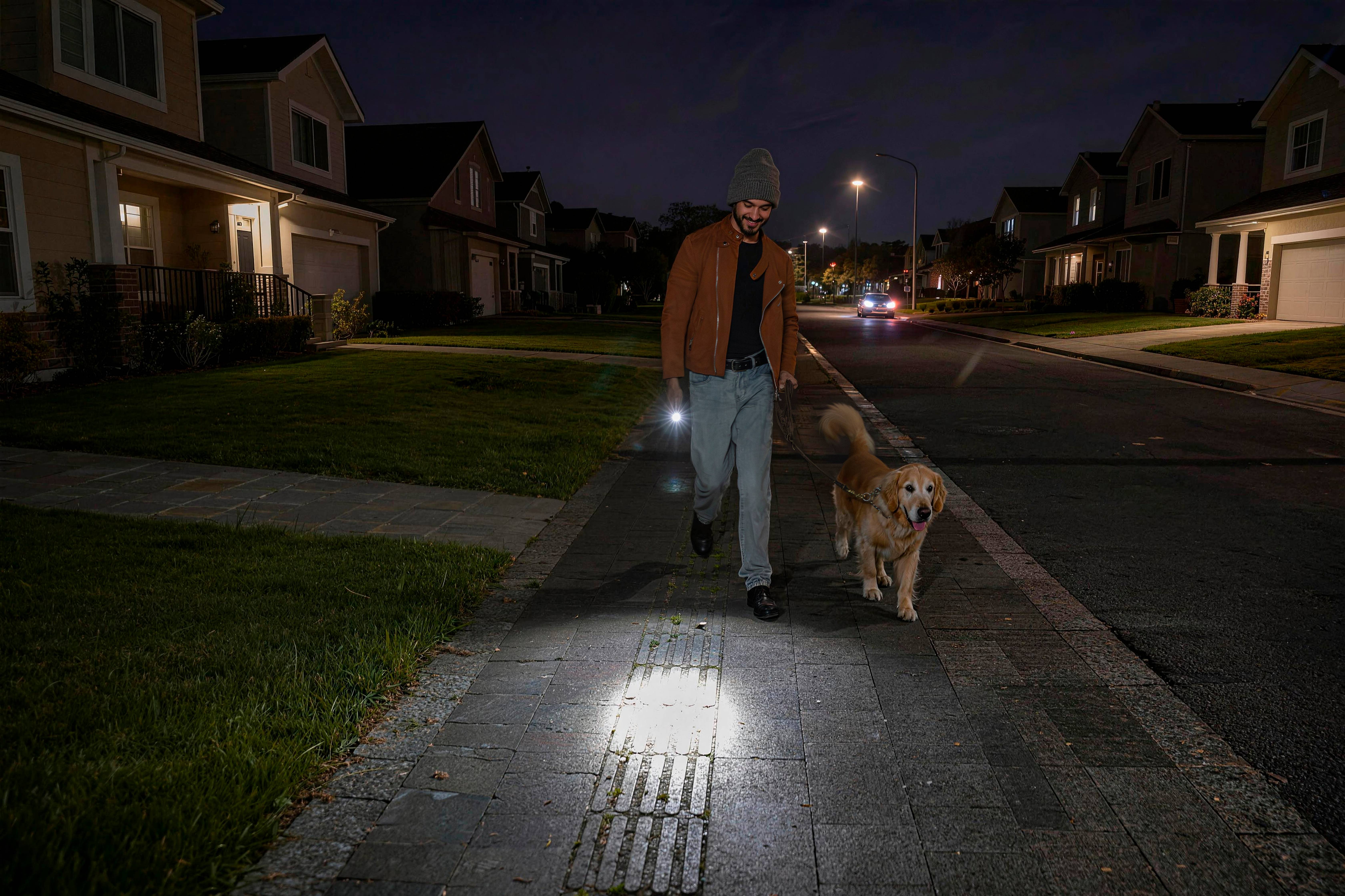 Homme promenant son chien Golden Retriever la nuit dans un quartier résidentiel, utilisant une lampe de poche pour éclairer le chemin et assurer sa sécurité.