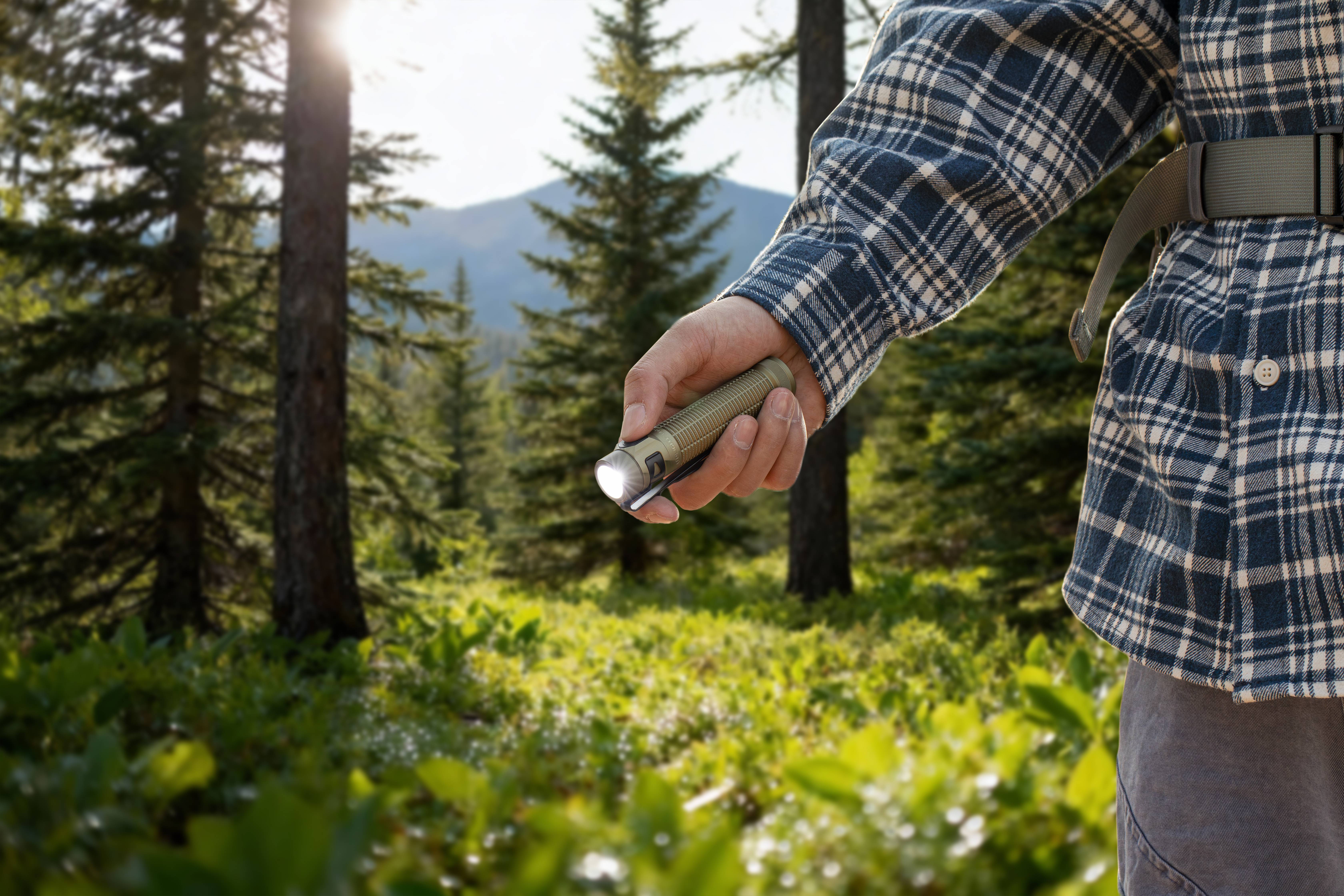 Person holding a compact, high-lumen LED flashlight during a hiking trip in a lush forest, ideal for camping and outdoor adventure gear.