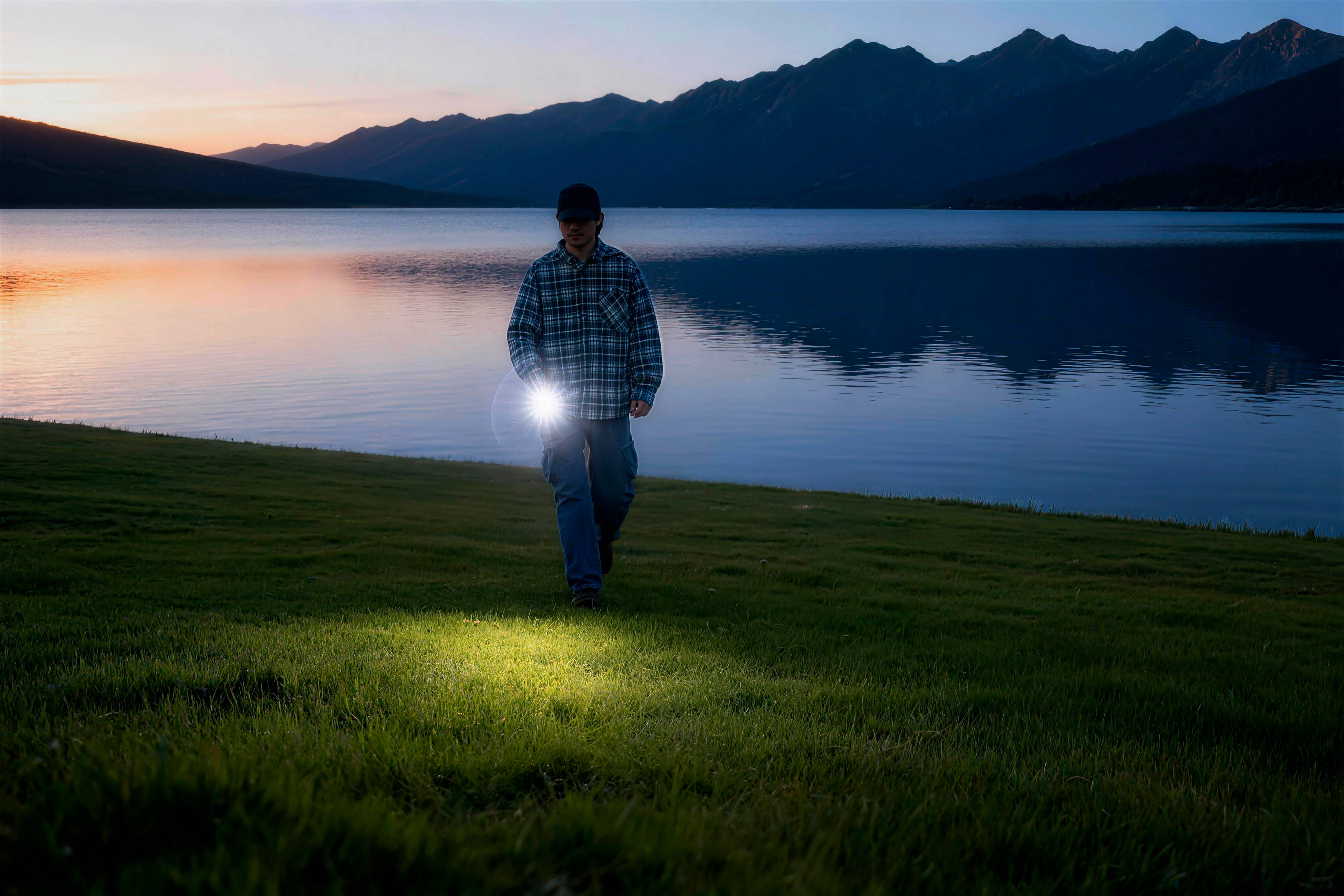 Hombre caminando junto a un lago al amanecer con una linterna potente