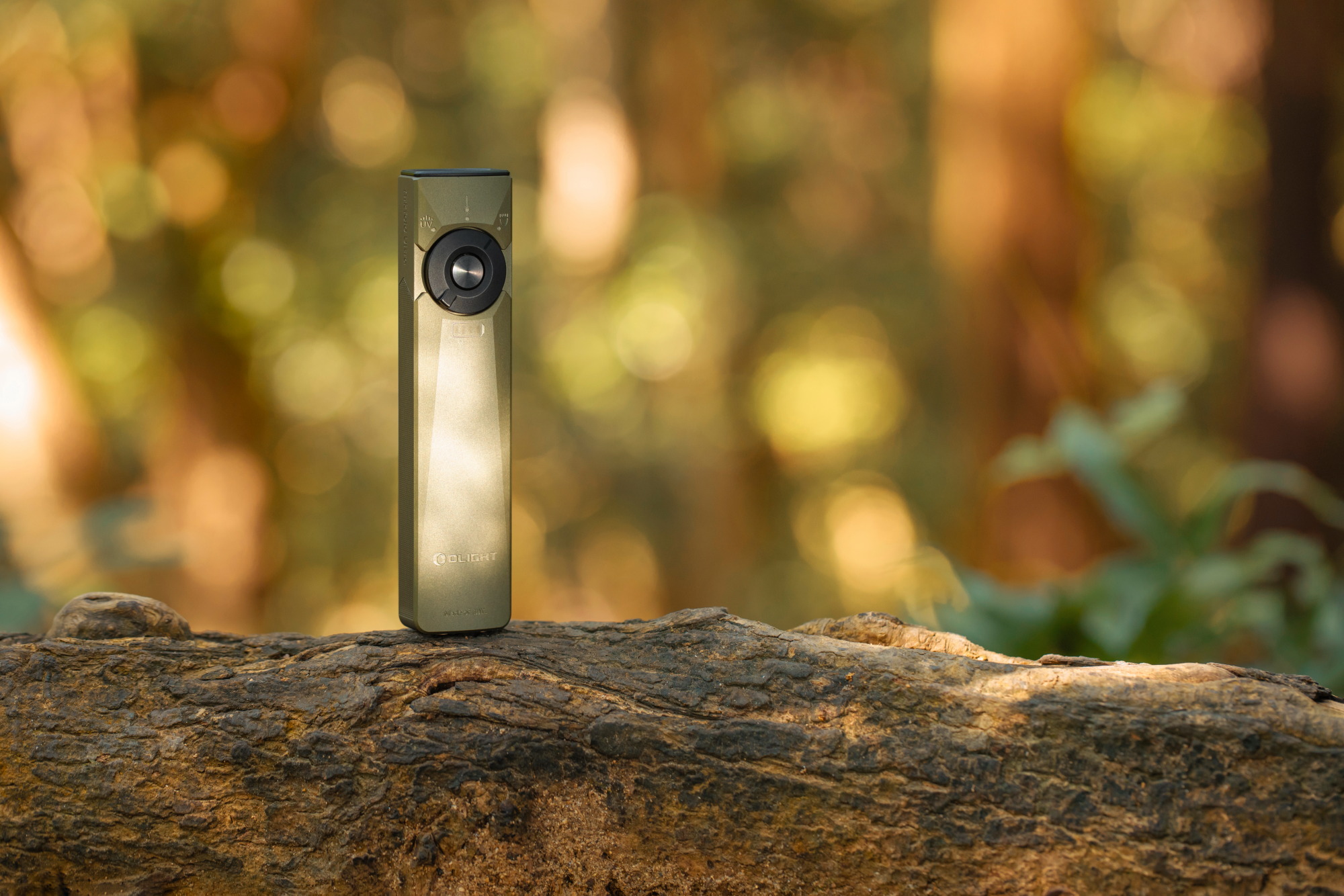 Lampe de poche Olight Arkflex verte posée sur un tronc d'arbre, en extérieur.