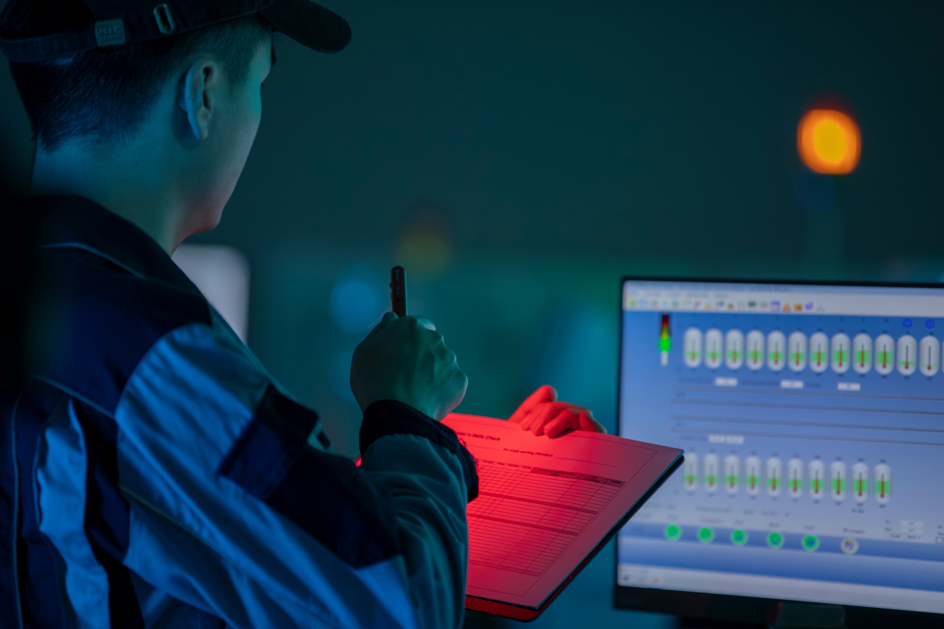 스마트 팩토리 제어실에서 산업용 모니터링 시스템을 확인하며 체크리스트를 작성하는 기술자의 모습.