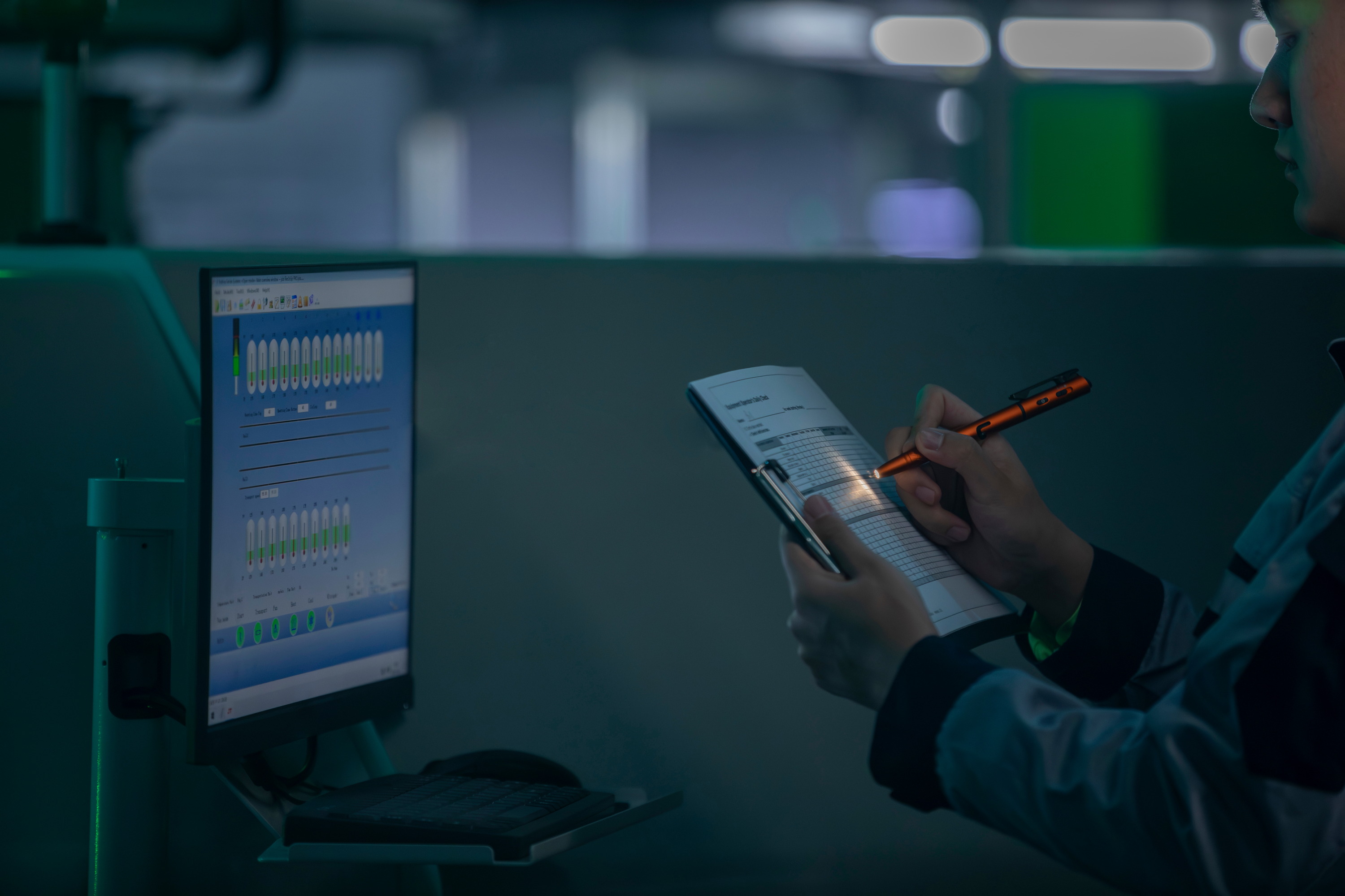 스마트 팩토리 생산 현장에서 모니터링 시스템의 데이터를 확인하며 클립보드에 점검 내용을 기록하는 산업 현장 작업자의 모습