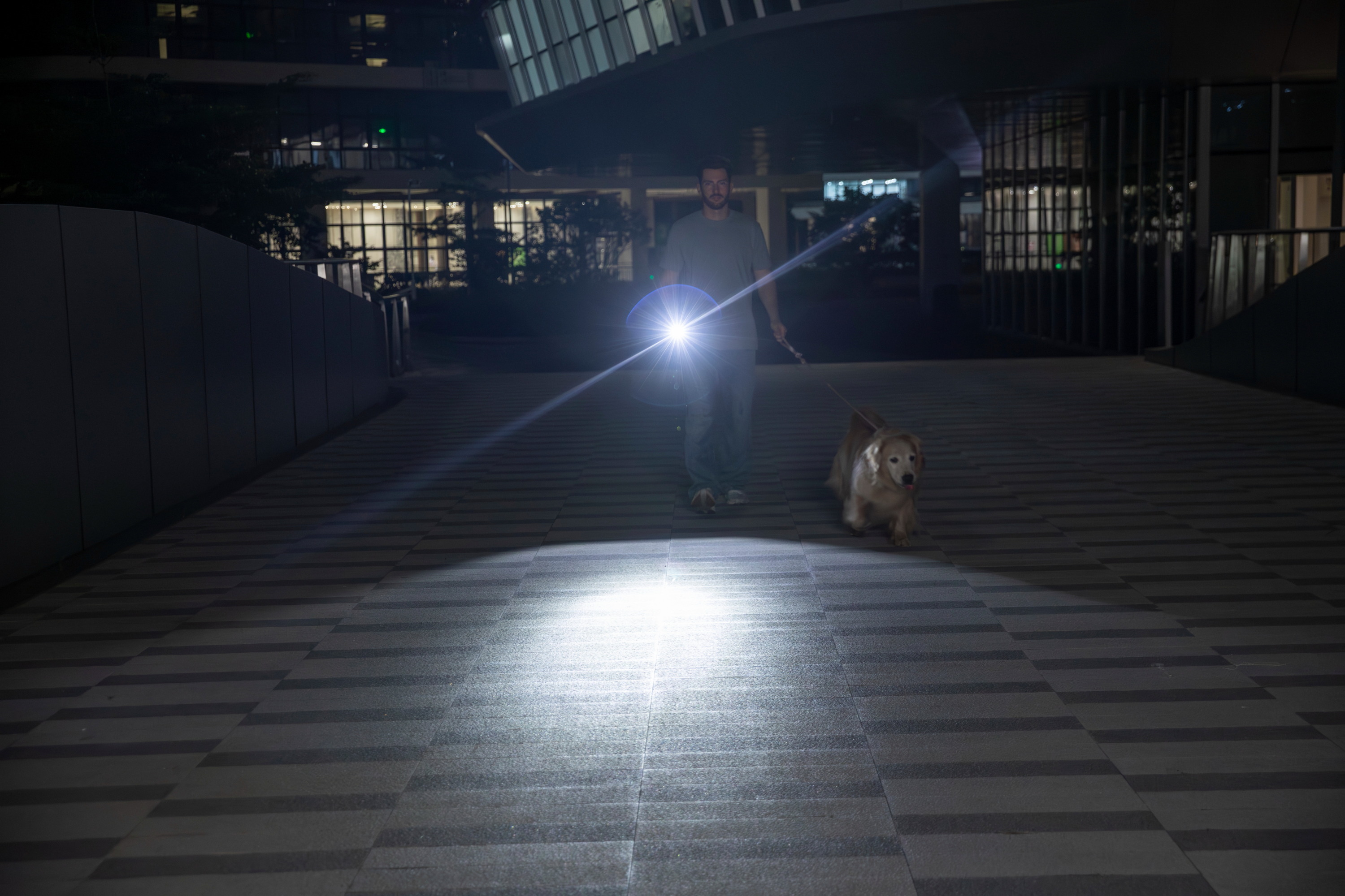 Man walking dog at night with LED flashlight