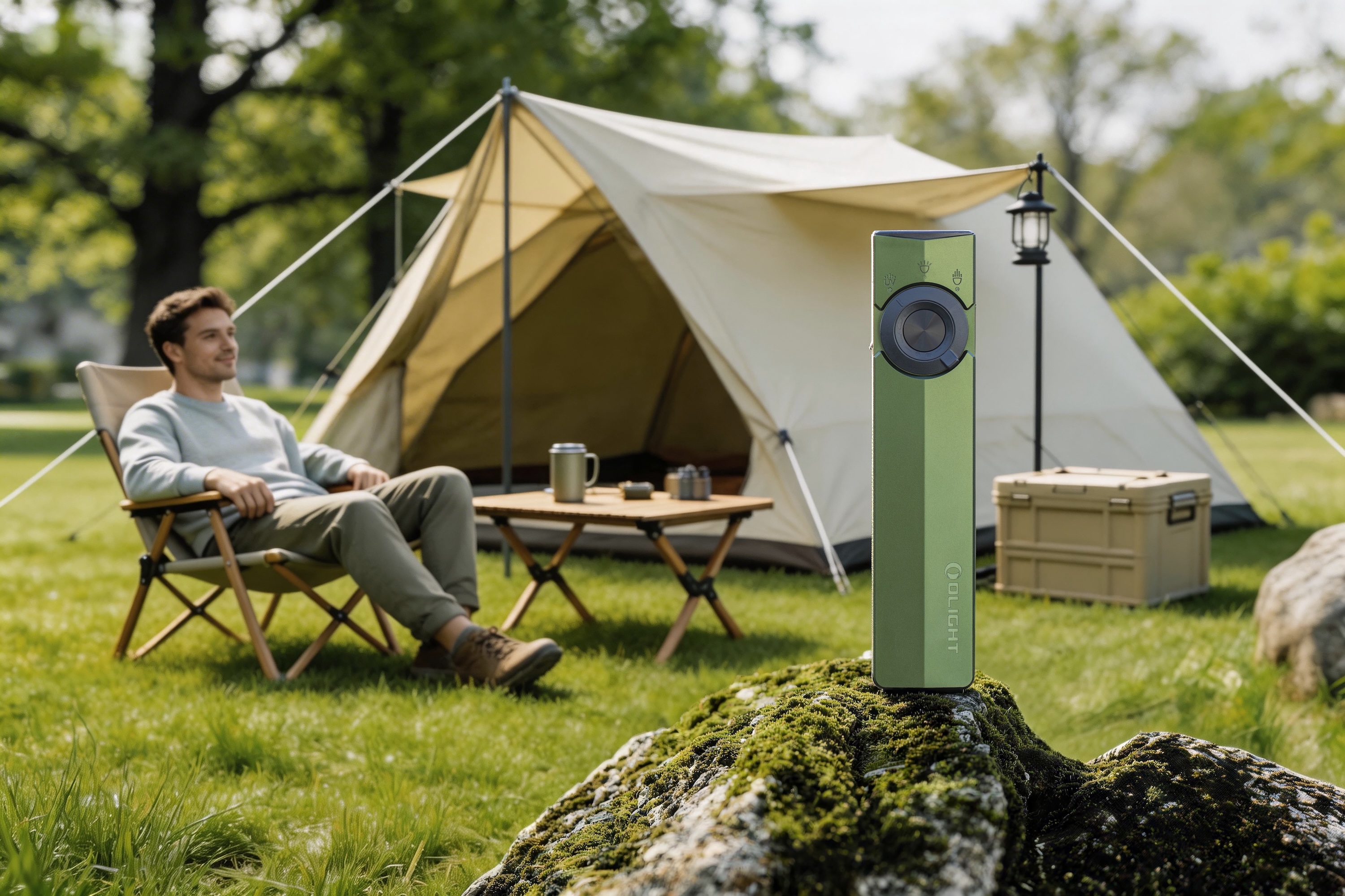 Lampe de poche LED Olight France sur un rocher, scène de camping avec tente et homme relaxant en plein air pour le week-end de mai.