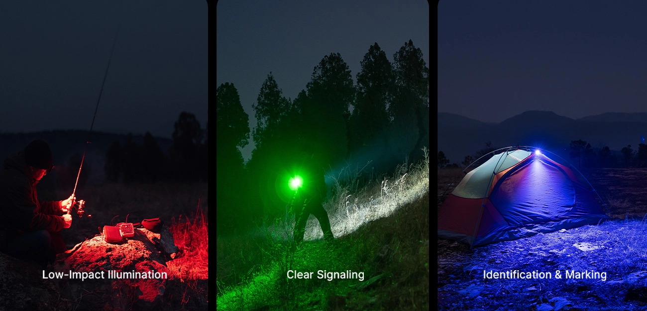 Multi-color flashlight modes for outdoor use: red light for low-impact night fishing, green light for clear signaling, and blue light for camping tent identification and marking.