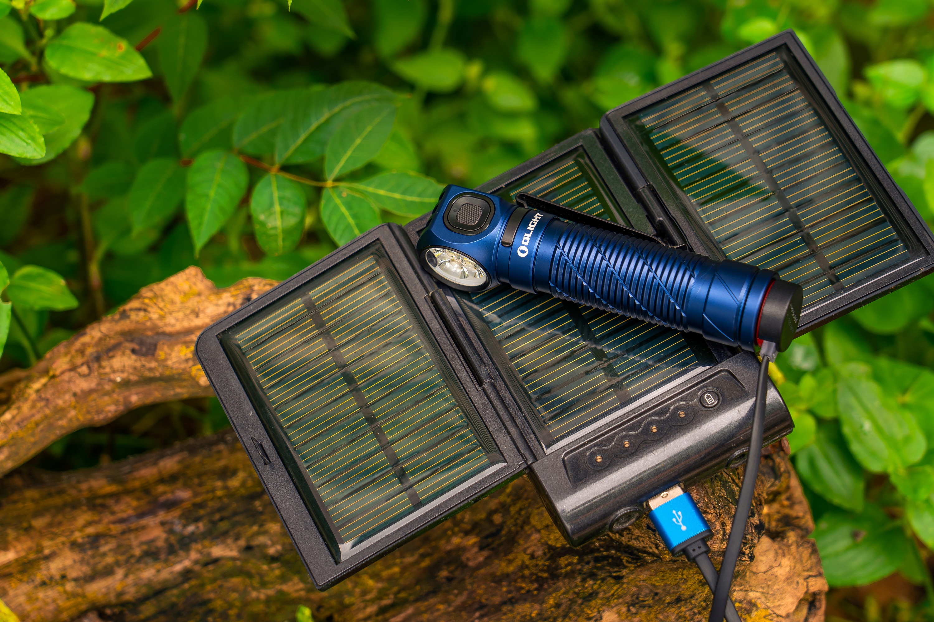파란색 올라이트 손전등이 태양광 패널 위에서 충전되는 야외 풍경.