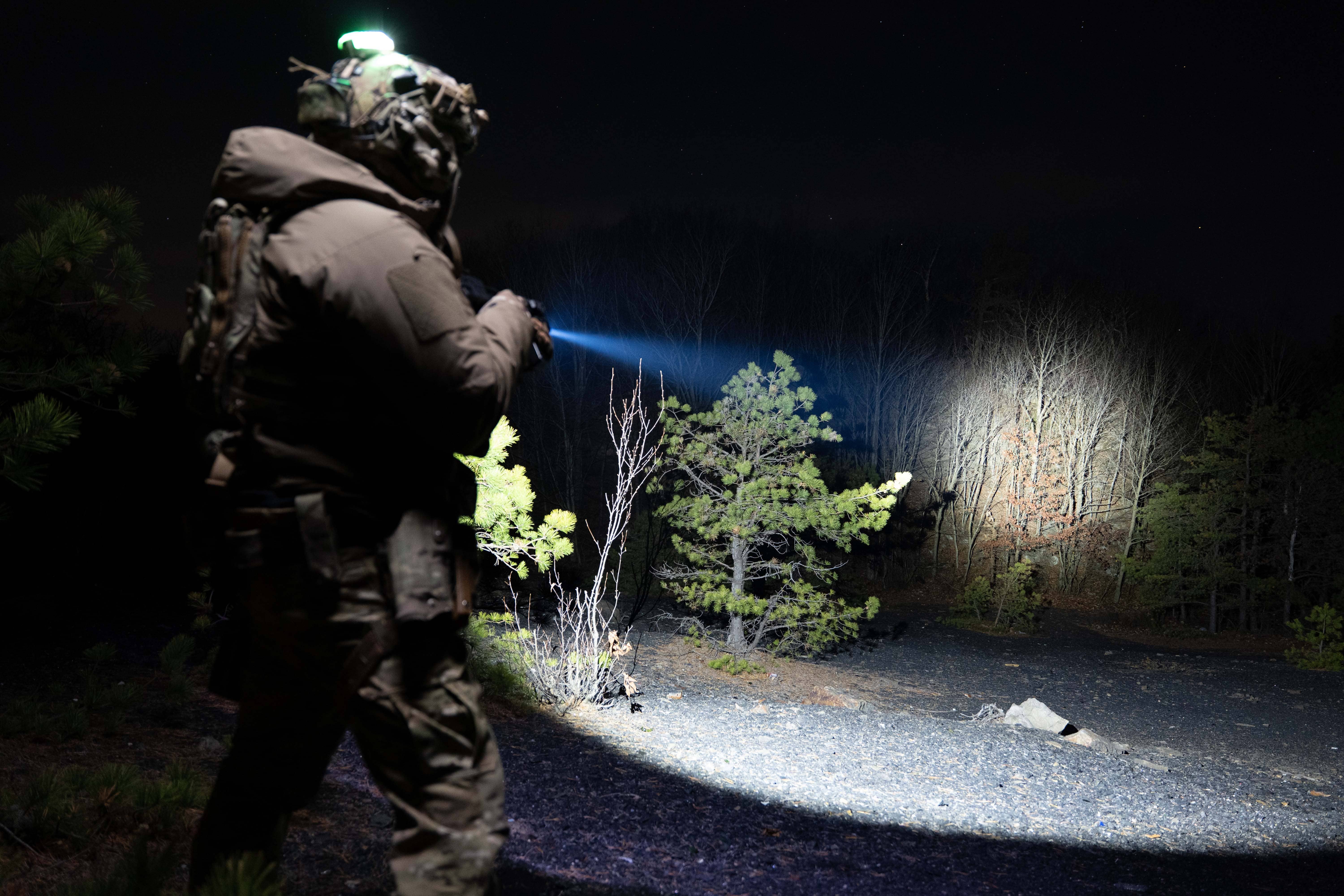 Tactical operator in dark forest