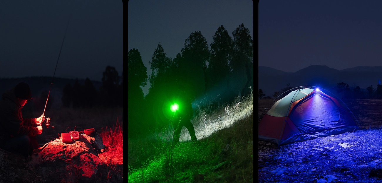Multifunktionale LED-Taschenlampe mit farbigem Licht im Einsatz