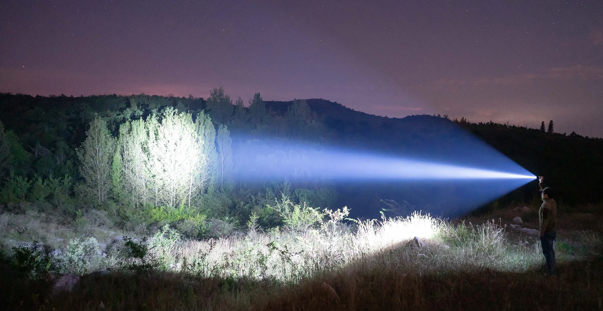 Man illuminating a dense tree line along a bush track at night