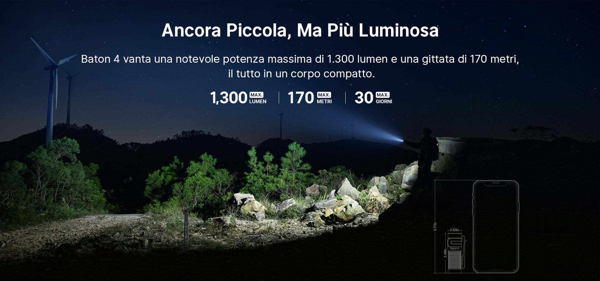Uomo usa torcia Baton 4 compatta e luminosa (1300 lumen, 170m) in paesaggio notturno. Perfetta per avventure all'aperto con 30 giorni di autonomia.