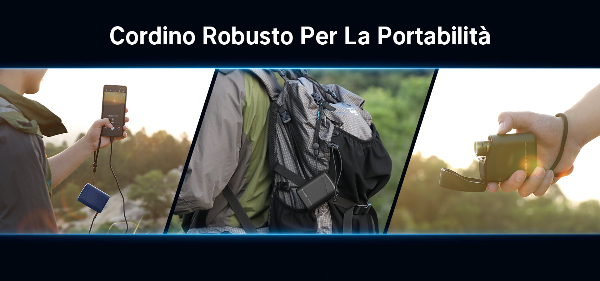 Cordino robusto per la portabilità di dispositivi outdoor: smartphone, power bank su zaino, torcia compatta. Ideali per escursionismo e avventura, assicurano ricarica e illuminazione affidabili.