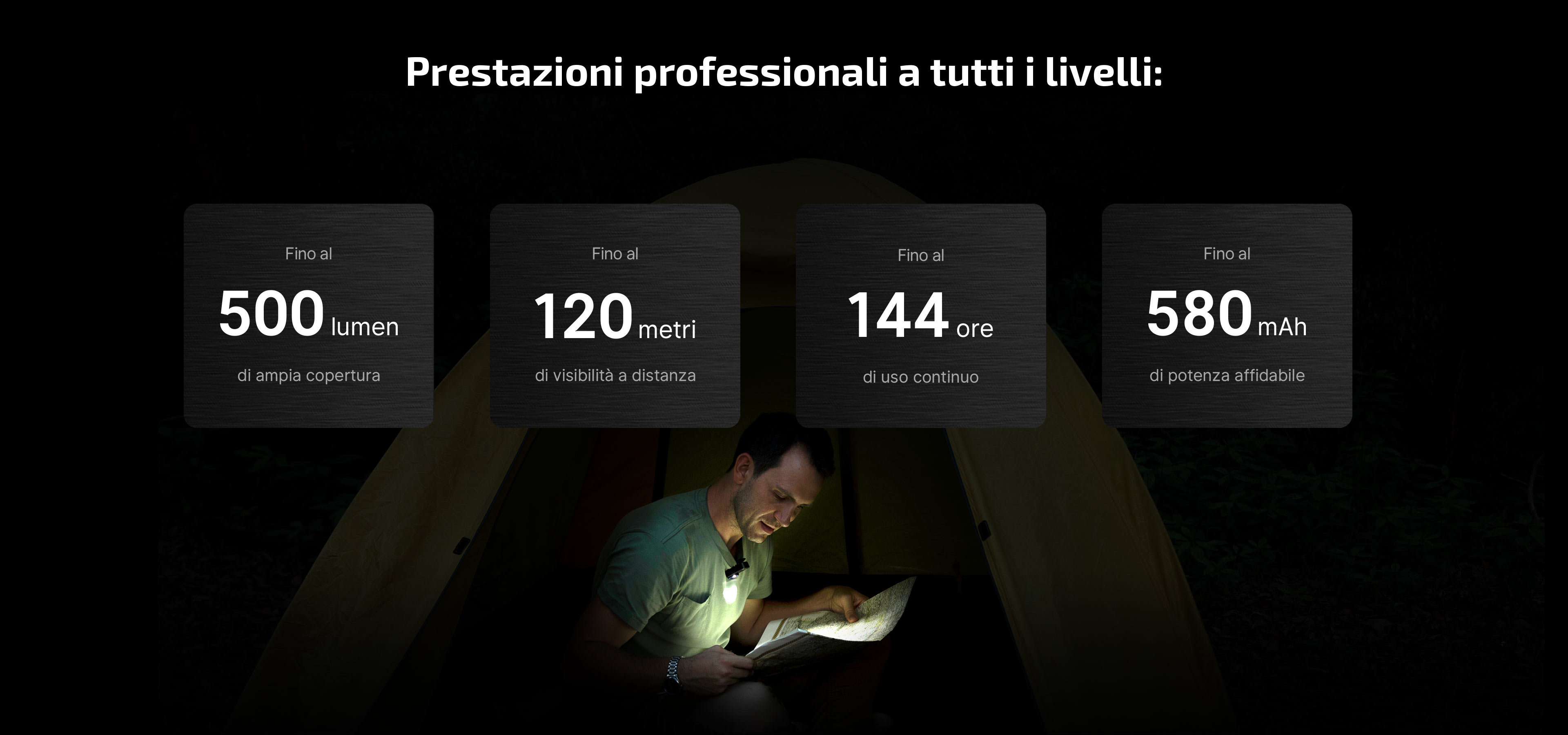 Uomo in tenda legge mappa con torcia professionale.