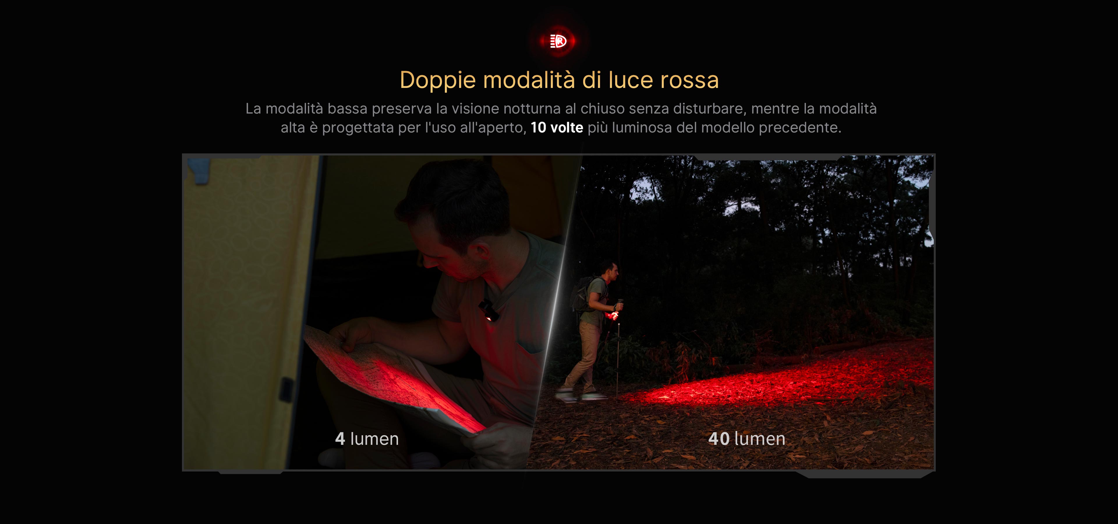 Torcia con doppie modalit&agrave; di luce rossa.