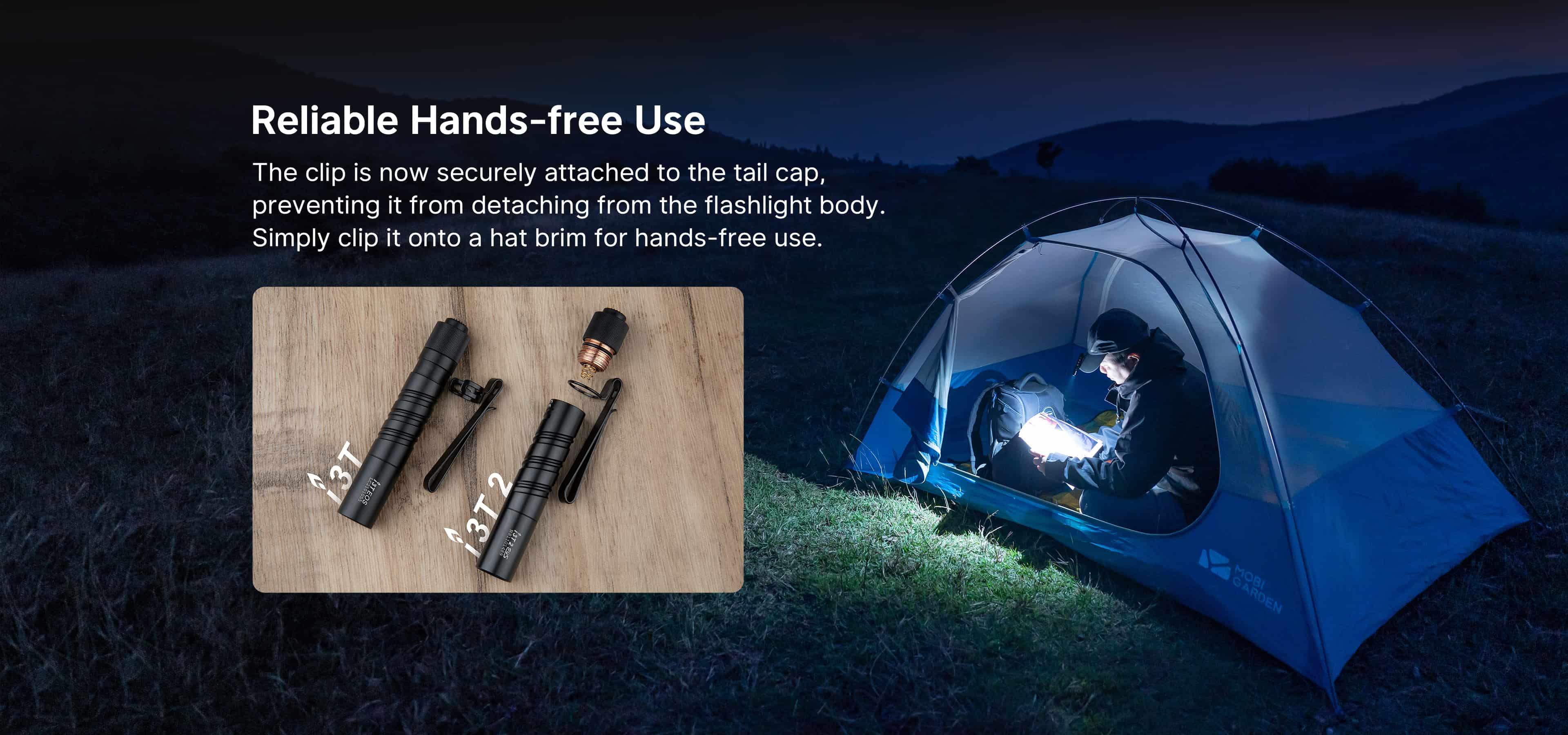 Hands-free flashlight illuminating a tent at night, with a person using it clipped to their hat. Detailed view shows the secure clip design of 13T EOS and 13T 2 flashlights.