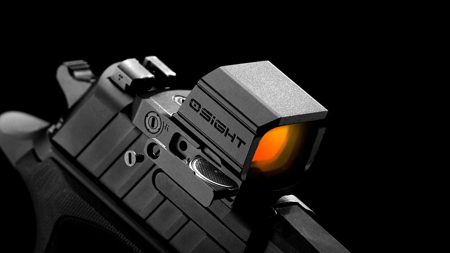 Olight Osight red dot sight mounted on a pistol slide, featuring an orange tinted optic lens and side battery compartment on a dark background.