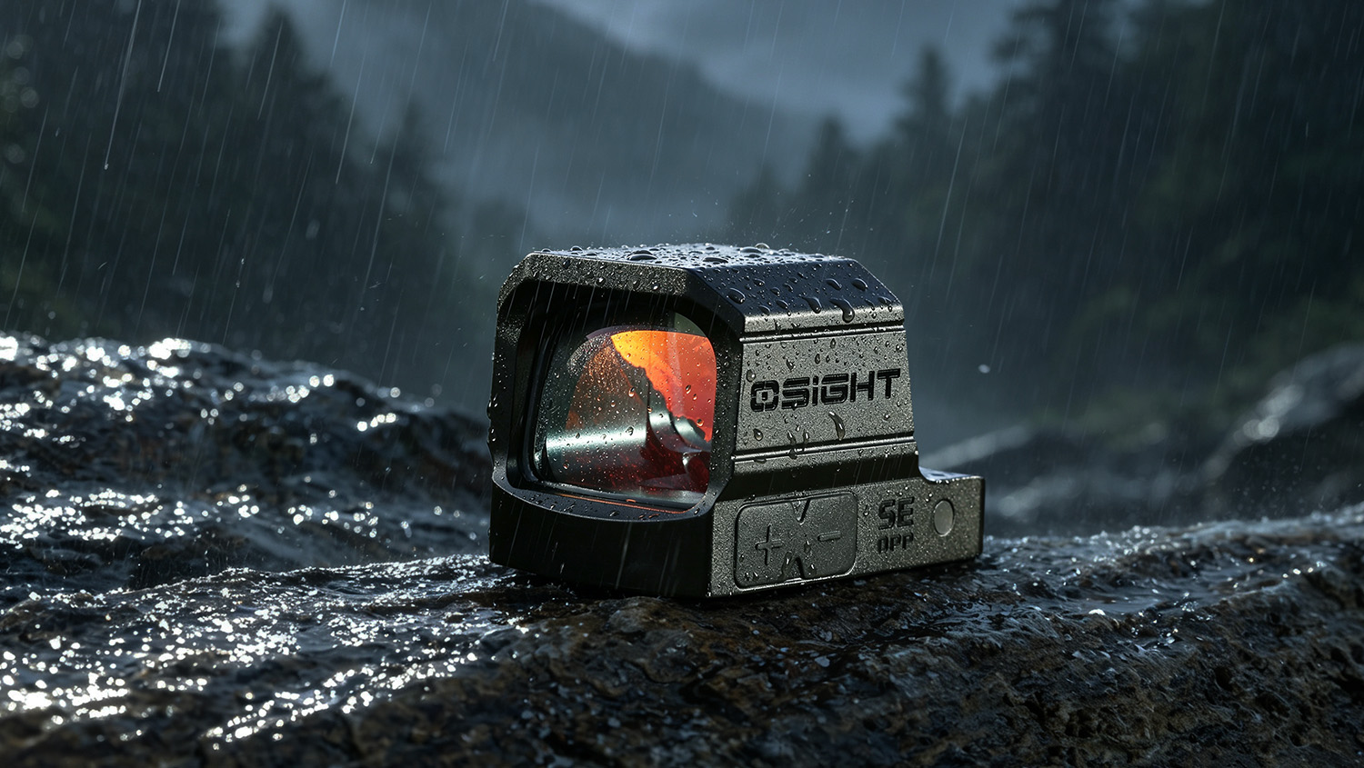 Waterproof Olight Osight red dot sight with raindrops on its metal body, sitting on a wet rock in a rainy forest.
