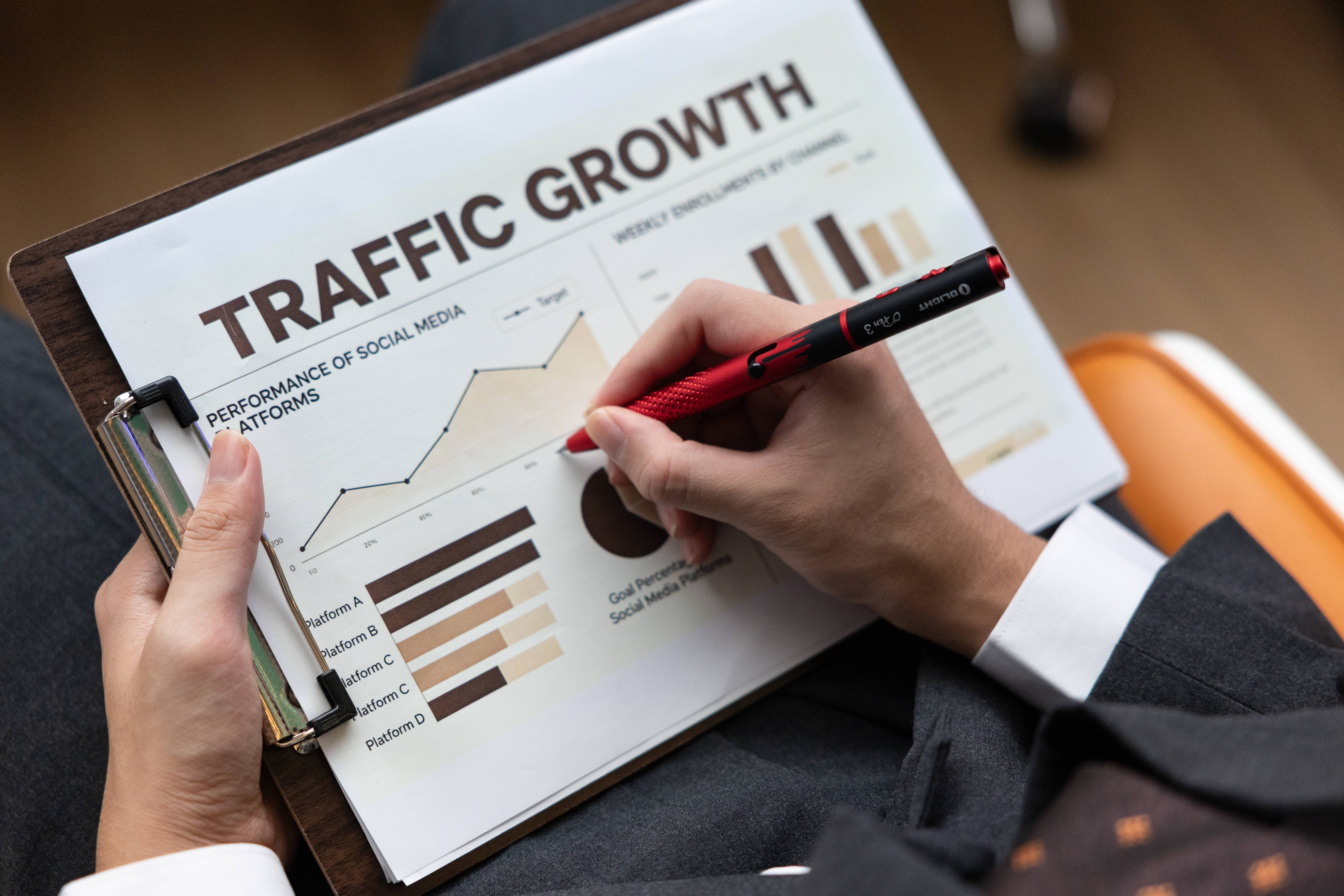 A business professional reviewing a traffic growth analytics report on a clipboard using a red EDC pen in an office.