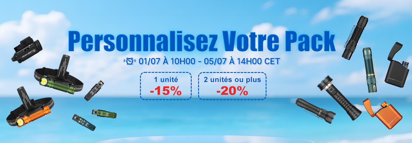 Olight: Personnalisez votre pack de lampes, lampes frontales et accessoires. Bénéficiez de -15% sur 1 unité ou -20% sur 2 unités ou plus. Offre du 1er au 5 juillet.