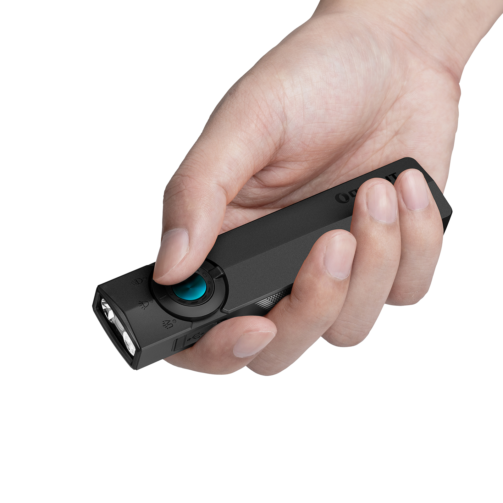 Olight Arkfeld flat EDC flashlight held in hand, featuring a compact black design with a multi-functional switch for white light and UV modes, ideal for everyday carry and portable lighting.