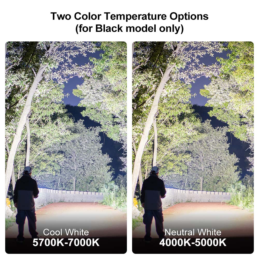 Comparison of flashlight color temperatures showing Cool White versus Neutral White options