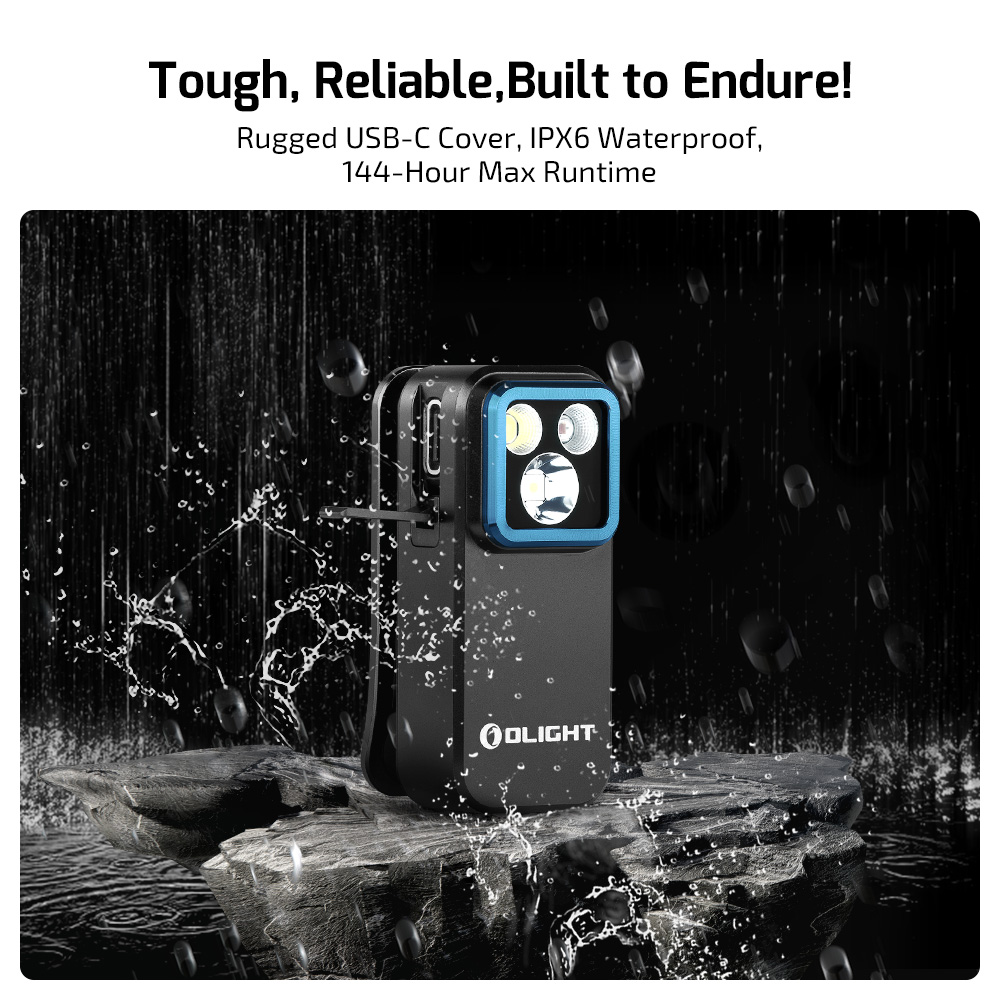Olight IPX6 waterproof clip light with rugged USB-C cover and 144-hour runtime, shown in heavy rain. Durable and reliable EDC flashlight for outdoor enthusiasts.