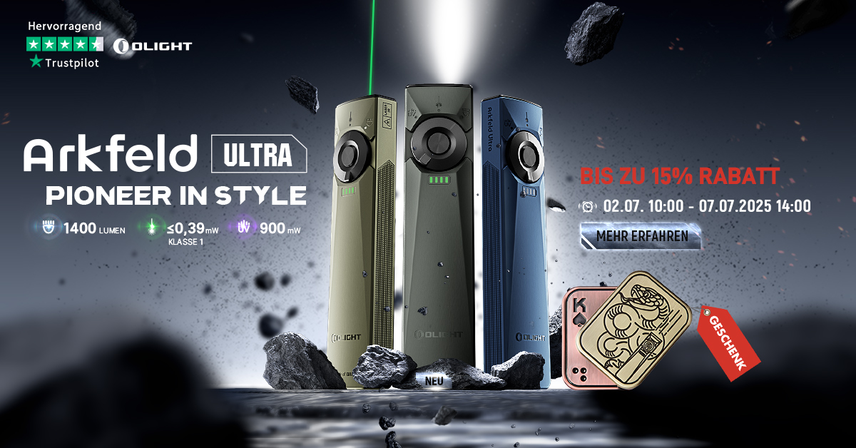 Olight Arkfeld Ultra: neue, stilvolle Taschenlampe mit 1400 Lumen, Laser & UV-Licht in drei Farben.