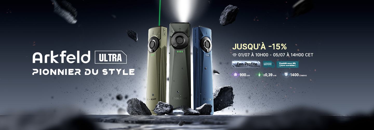 Trois lampes de poche Olight Arkfeld Ultra (kaki, grise, bleue) avec faisceaux lumineux et laser, sur fond rocheux. Promotion jusqu'à -15%, 1400 lumens. Pionnier du style.
