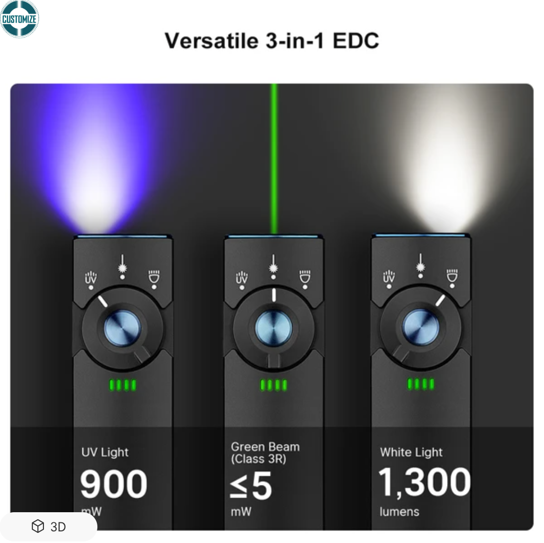 Arkfeld Pro Flat EDC flashlight with white light, UV mode, and green laser for camping and outdoor safety