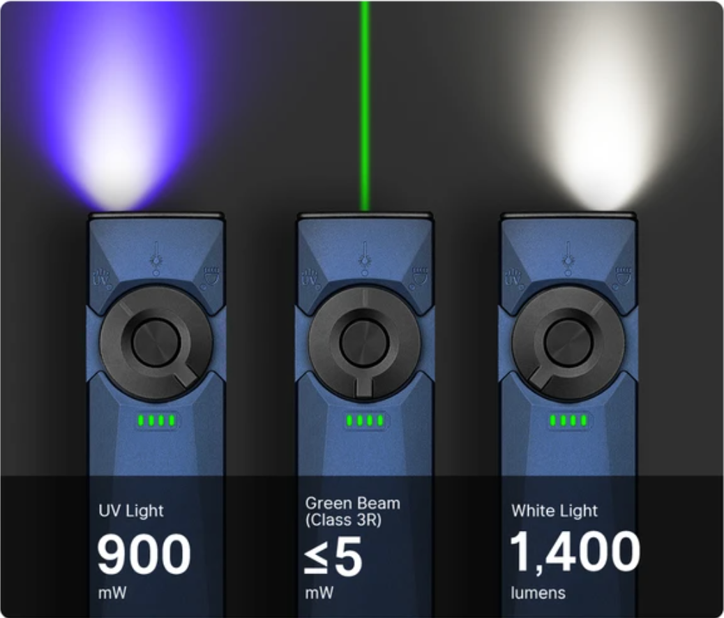 Arkfeld Ultra 3-in-1 flashlight featuring white light, UV light, and green laser