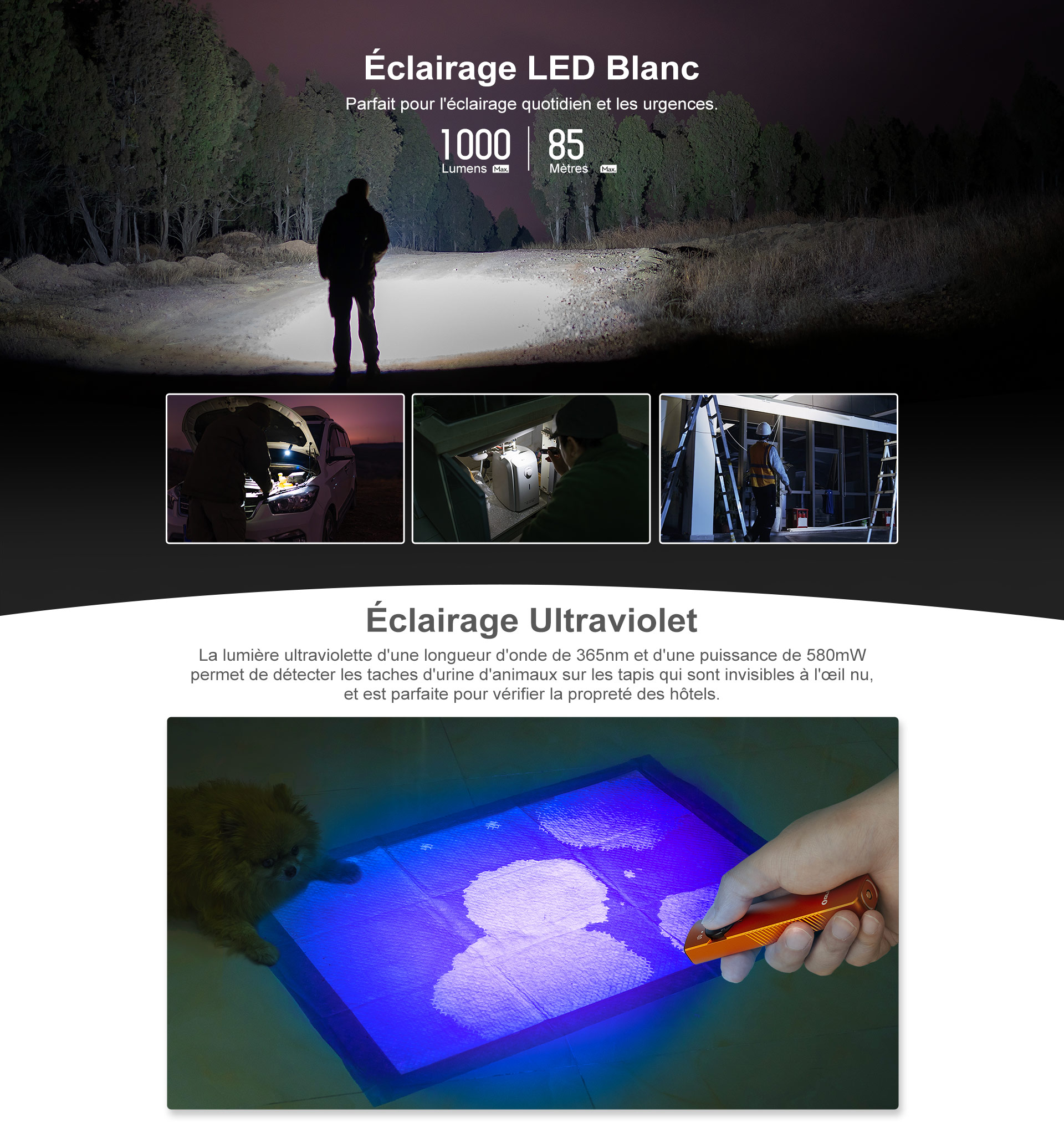 Lampe torche polyvalente avec &eacute;clairage LED blanc puissant et lumi&egrave;re ultraviolette