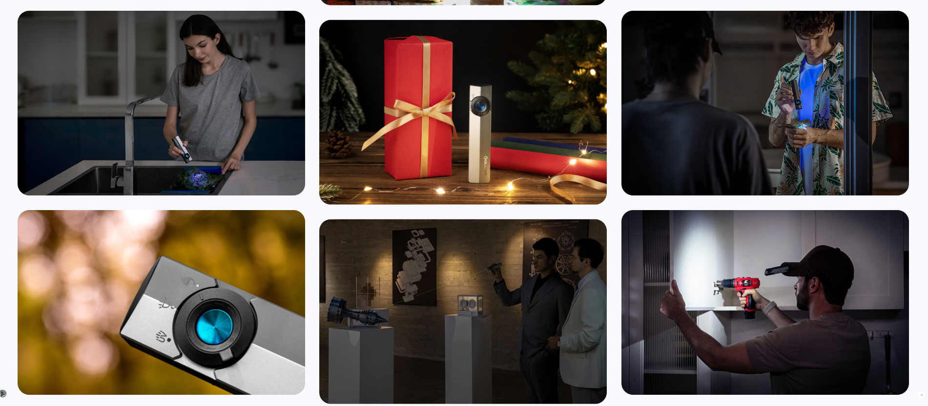 Lampe de poche EDC rechargeable Olight Arkfeld Pro avec triple source de lumi&egrave;re (blanche, UV, laser vert) pr&eacute;sent&eacute;e dans diff&eacute;rents sc&eacute;narios d'utilisation : cadeau de No&euml;l, bricolage, inspection de billets et pr&eacute;sentation professionnelle.