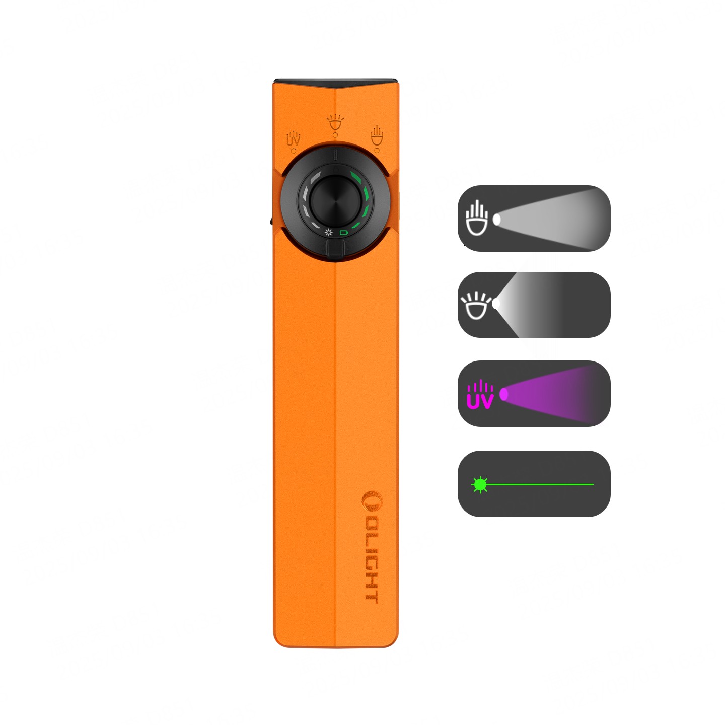 Olight製オレンジ多機能フラッシュライト。スポットライト、広範囲照射、UVライト、グリーンレーザー機能を備え、用途に応じて切り替え可能。