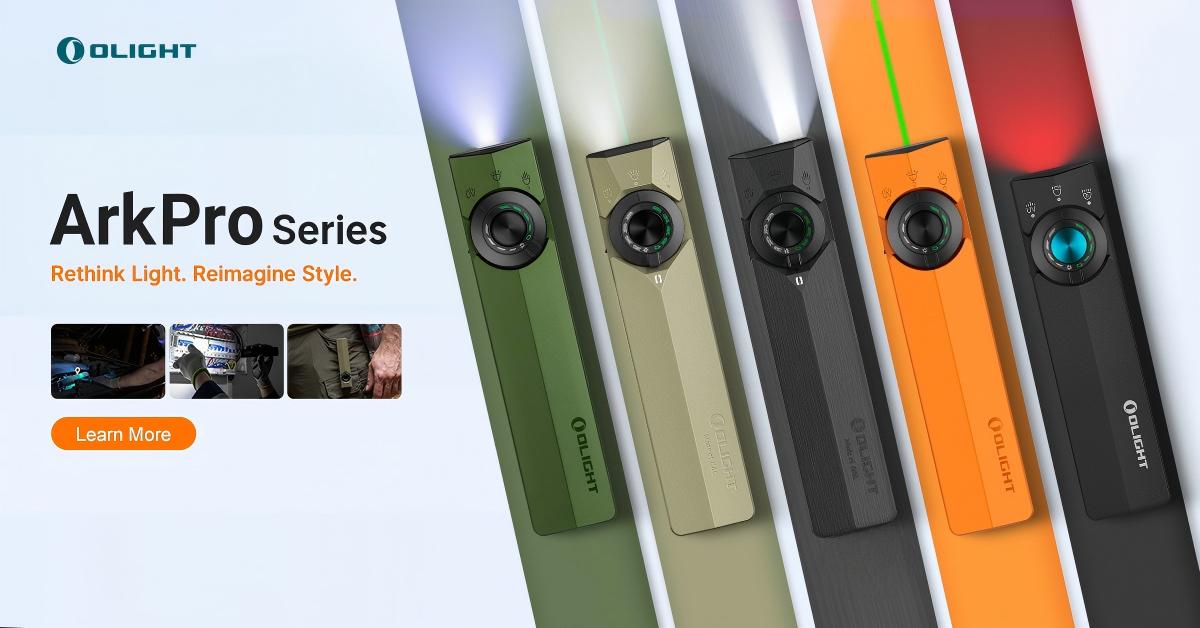 Olight ArkPro Series flat flashlights displaying light beams